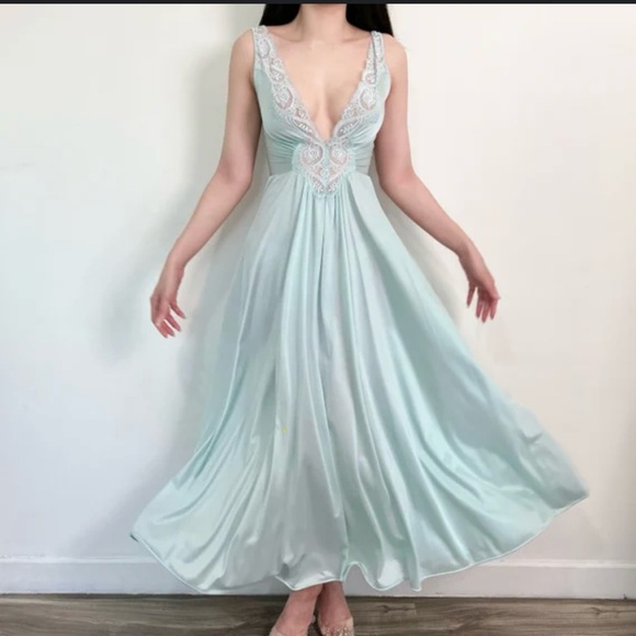 M Vintage 70s Olga Teal stretchy satin-like maxi dress nightgown - Picture 3 of 16